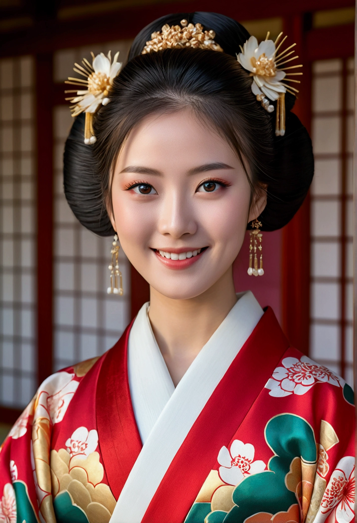 a young woman in traditional japanese 12 layer kimono dress, with white, red and gold colors, smiling directly at the camera, medium build, around 20 years old, long hair, beautiful, imperial palace, heian period, (best quality,4k,8k,highres,masterpiece:1.2),ultra-detailed,(realistic,photorealistic,photo-realistic:1.37),extremely detailed face and eyes,detailed beautiful skin,extremely detailed kimono fabric and patterns,ornate palace interior background,natural lighting,vibrant colors,elegant,intricate details