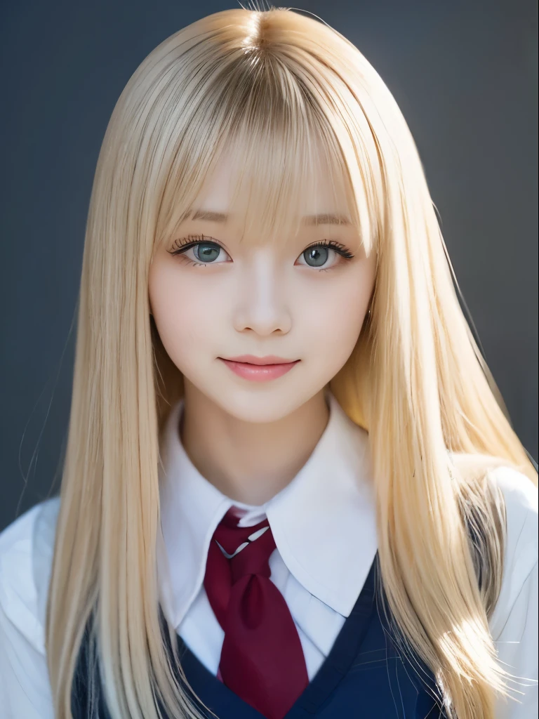 Portrait、School uniforms、Bright expression、Younger, brighter, whiter skin、Best Looks、Blonde reflection、Platinum blonde hair with dazzling highlights、Shiny bright hair,、Super long, silky straight hair、Shiny beautiful bangs、Sparkling, clear, attractive big blue eyes、A very beautiful, lovely and cute 16 year old girl、Ample breasts、