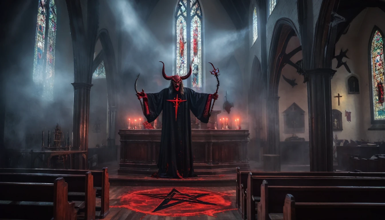 Satan angry with the Pastor inside the Christian church, with a lot of blood, pentagram, dark and scary atmosphere, High quality image, High perfection