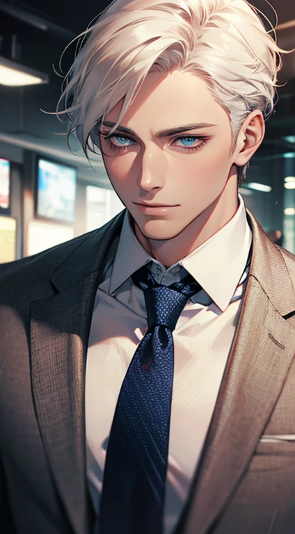 (Highest quality,4K,8K,High resolution,masterpiece:1.2),Super detailed,(Realistic,photoRealistic,photo-Realistic:1.37),1 person,31 years old,Mature Men,Beautiful skin、very handsome,Expressionless,smile,Short white hair,blue eyes,Sharp Eyes,A perfect face without a doubt,Businessman,Office Background,Cinema Lighting,HDR image,tie、