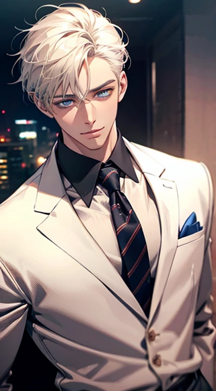 (Highest quality,4K,8K,High resolution,masterpiece:1.2),Super detailed,(Realistic,photoRealistic,photo-Realistic:1.37),1 person,31 years old,Mature Men,Beautiful skin、very handsome,Expressionless,smile,Short white hair,blue eyes,Sharp Eyes,A perfect face without a doubt,Businessman,Office Background,Cinema Lighting,HDR image,tie、