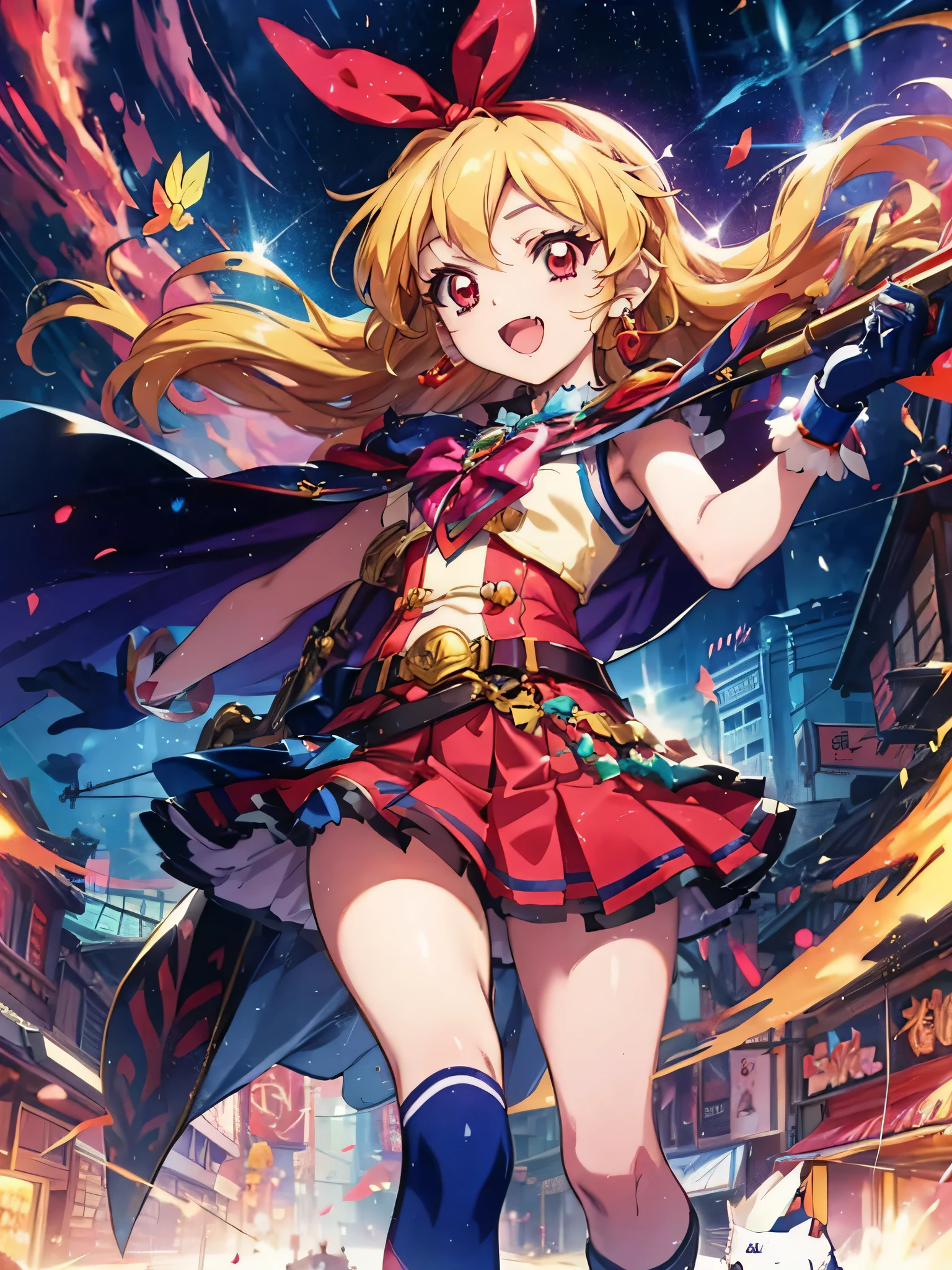 cartoon of anime female with a cat on her back with sword, lina inverse Style, 1girl, solo, gloves, fang, red eyes, headband, jewelry, cape, open mouth, Blonde hair, earrings, long hair,Ichigo Hoshimiya (Aikatsu!)