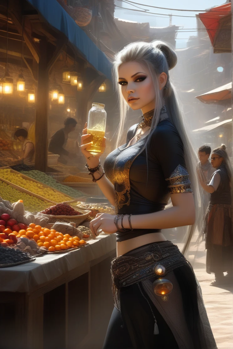 By Alan Paterson inspired by Luis Royo, Pino Daeni, Wadim Kashin, Gil Elvgrin, and Jorge Jimenez. Portrait front Sarada sexy + Avril Lavigne standing in a mystical marketplace, with silver black hair in a flowing ponytail, in a dynamic pose, she is holding a glass of bubbling potion out to the viewer, in the background are busy vendors, and magical light and smoke from the various market stalls. trending on artstation, sharp focus, studio photo, intricate details, highly detailed, 