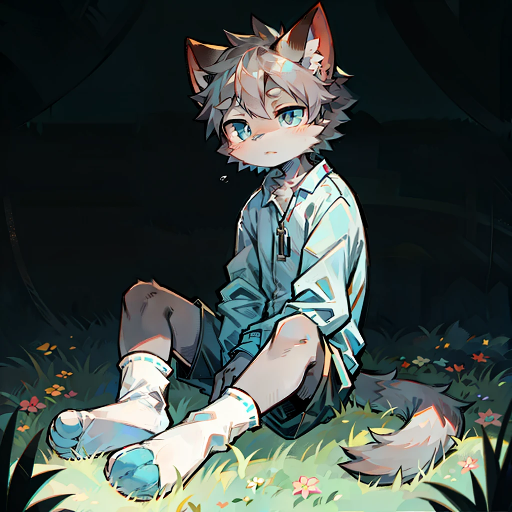 , cat boy,(Dark grey hair),(Dark gray skin),blue eyes,Sit cross-legged on the grass,(Wear short white socks),Light pajamas and shorts,Blank Background,The only person,high quality