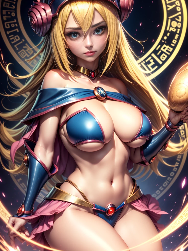 Beautiful young dark magician gils with blonde hair and green eyes、Anime style、gigantic . Subjective pose and . Face of innocence body of sin. magic background. magic circles. midriff, ((underboob)), blond hair, strapless, off shoulder, Bandeau