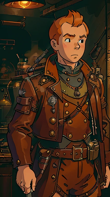 (Teens:1male: Tintin), (extremely detailed CG unit 8k wallpaper),(master part), (best quality), (ultra detail), (best illustration),(SteampunkAI), cowboy shot, (Sharp eyeliner, ombre, detailed eyes:1), dark steampunk indoors background, ,break , (ghibli style), upper body, very short hair,orange hair