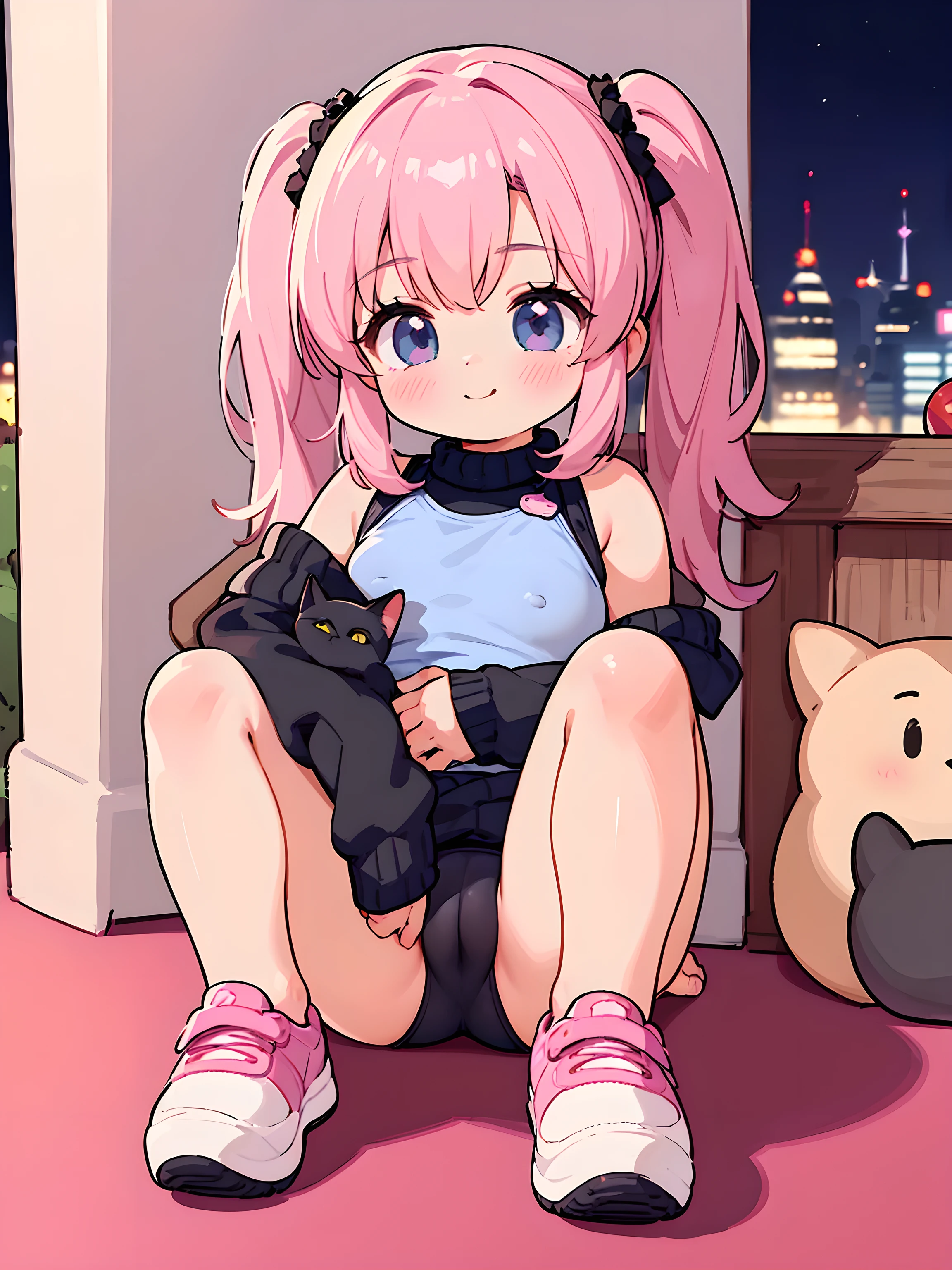 (highest quality,4K,8k,High resolution,masterpiece:1.2), comics, 1980s style, Cinematic, whole body, ,Alicia,8 ,Black girl,Very short stature,afro hairstyle,Updo,Sleeveless pink crotchless top,Pink little bike shorts,Pink sneakers,Cool smile,Naughty attitude,Back alley of a big city neighborhood,,Hug a cat,The cat is much bigger than the girl.,The cat is a Russian blue.,That cat is fluffy,cameltoe, erect nipple through clothes