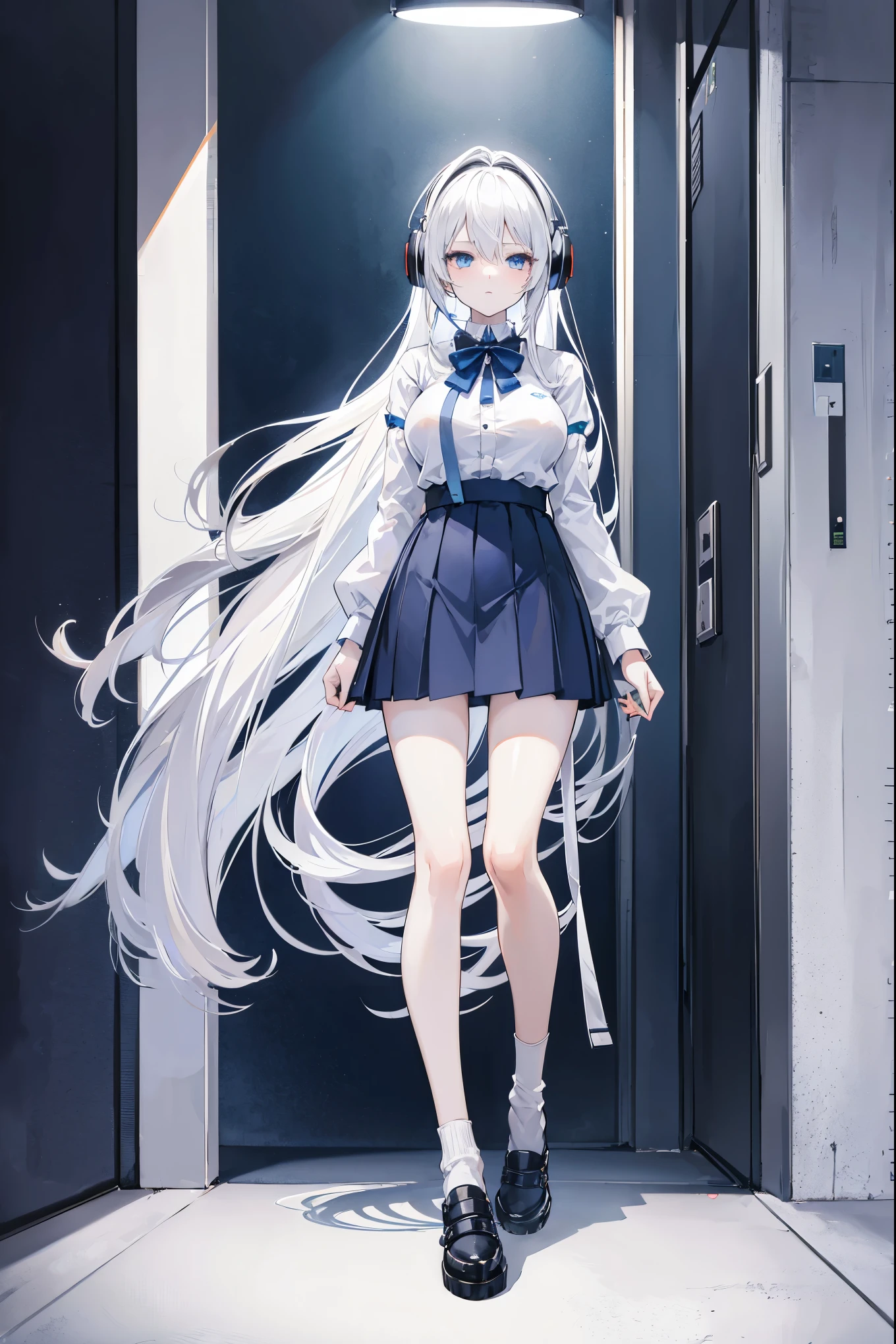 "anime girl, 1 person, silver white hair, shoulder length hair, wearing headphones, dark blue eyes, women's shirt, dark blue skirt, short skirt, sockings, black sockings, big breasts, shy face, full body, solo, viewed from many different angles, high quality images