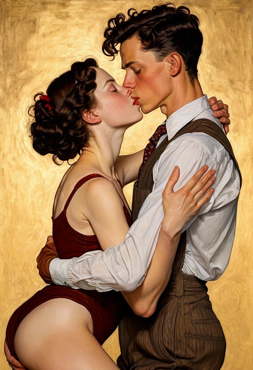 a painting in the style of norman rockwell and Schiele of a teenage girlnette tight bodysuit kiss embrace touching caress cuddle grab spread bottom hard member manhood crotch a young boy spreading legs