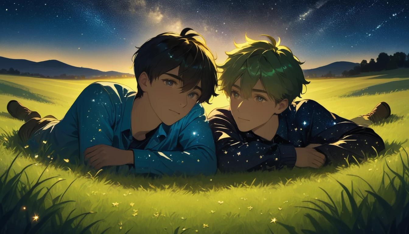 a night scene of two young men lying on a grassy field, gazing up at the starry sky, detailed facial features, beautiful night sky with glowing stars, serene atmosphere,landscape,dramatic shadow