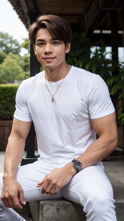 solo , 1man , thai man Sitting , white shirt , black jeans , happy , sit