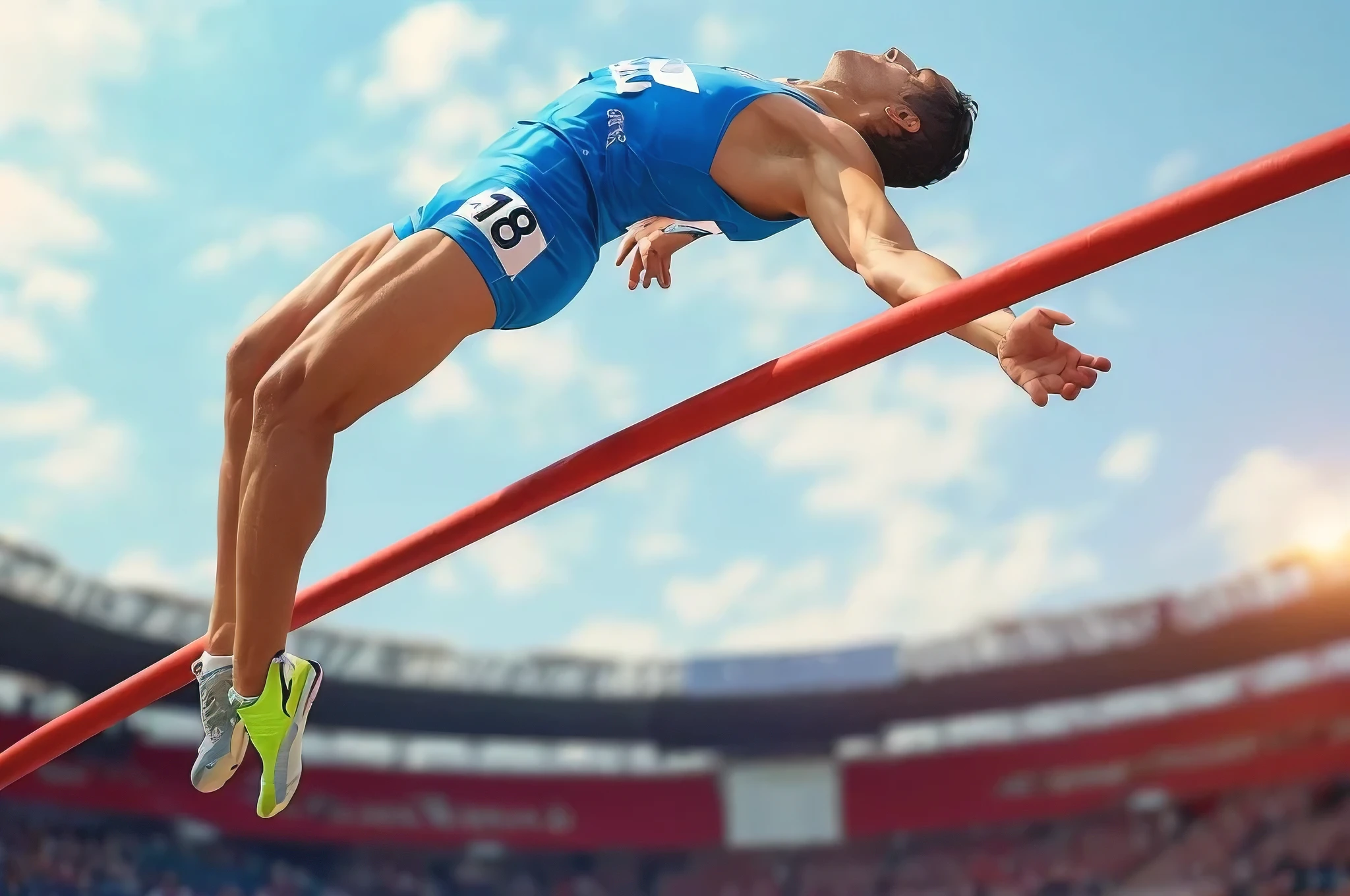 A high-jump athlete in mid-air,sports editorial photography,dramatic lighting,high-speed motion blur,detailed muscles and physique,dynamic pose,sweeping athletic movement,(best quality,4k,8k,highres,masterpiece:1.2),ultra-detailed,(realistic,photorealistic,photo-realistic:1.37),HDR,studio lighting,physically-based rendering,extreme detail description,vivid colors,professional sports photography