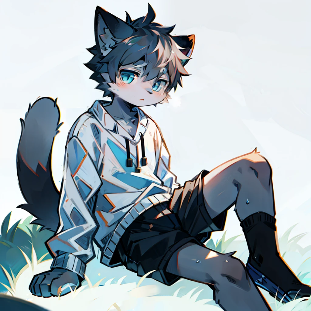 , cat boy,(Dark grey hair),(Dark gray skin),blue eyes,Sit cross-legged on the grass,(Wear short white socks),Light pajamas and shorts,Blank Background,The only person,high quality