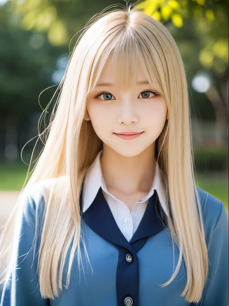 Portrait、School uniforms、Bright expression、Younger, brighter, whiter skin、Best Looks、Blonde reflection、Platinum blonde hair with dazzling highlights、Shiny bright hair,、Super long, silky straight hair、Shiny beautiful bangs、Sparkling, clear, attractive big blue eyes、A very beautiful, lovely and cute 16 year old girl、Ample breasts、