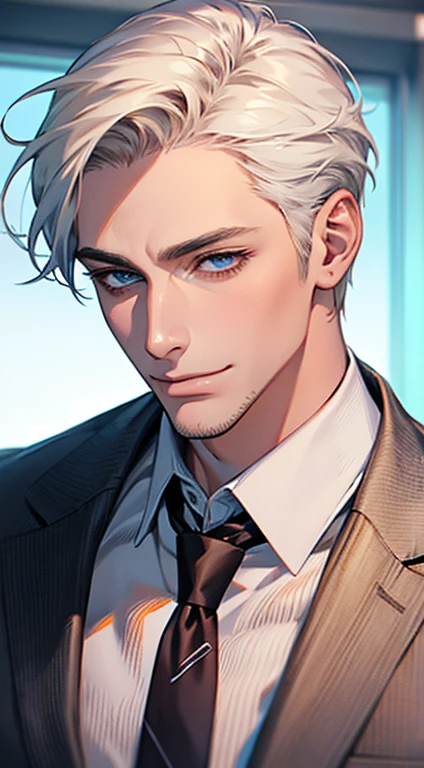 (Highest quality,4K,8K,High resolution,masterpiece:1.2),Super detailed,(Realistic,photoRealistic,photo-Realistic:1.37),1 person,31 years old,Mature Men,Beautiful skin、very handsome,Expressionless,smile,Short white hair,blue eyes,Sharp Eyes,A perfect face without a doubt,Businessman,Office Background,Cinema Lighting,HDR image,tie、