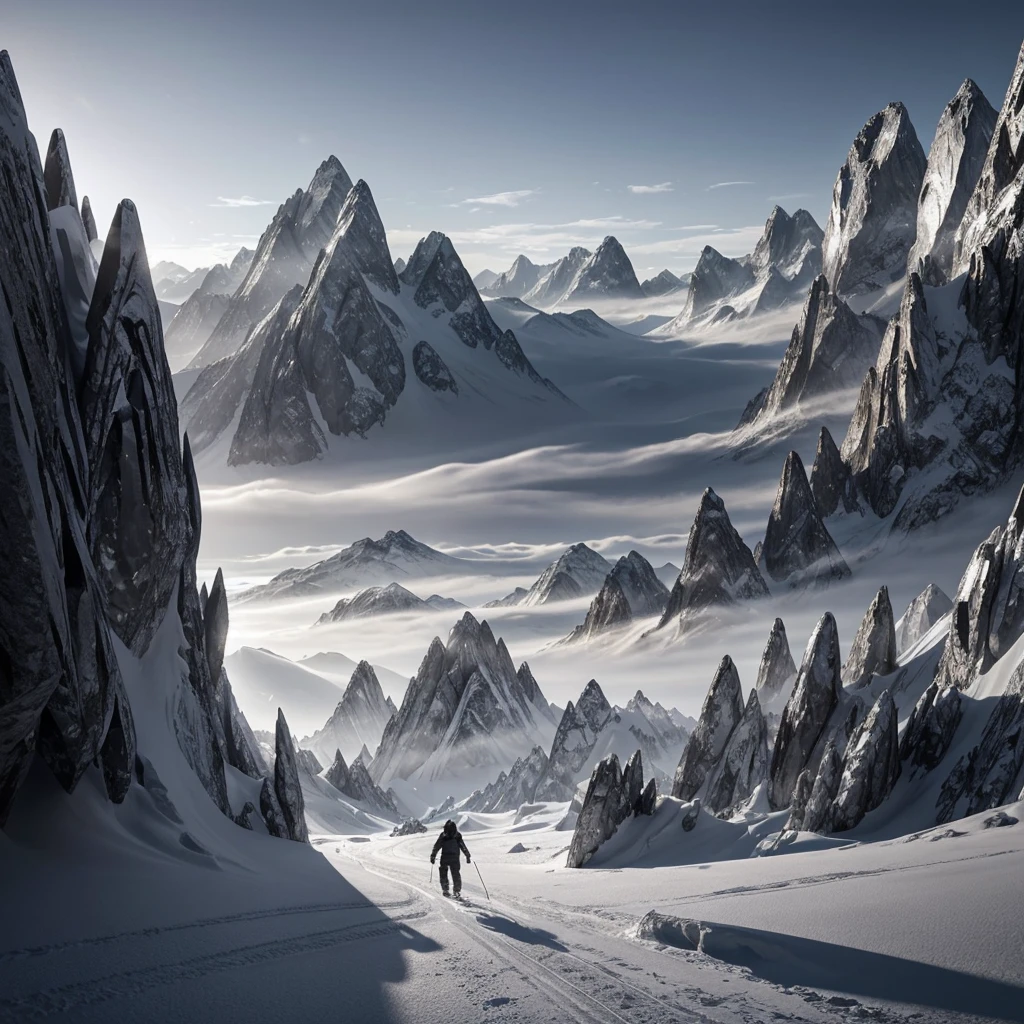 hyperrealistic drawing, with lines measuring distance between lines and curves of the object in question.A cave of giant crystals that emit a soft, magical light, right side with Skates, base da imagem com Monochrome Mountains: Mountain silhouettes in different shades of gray., unicorn frame.