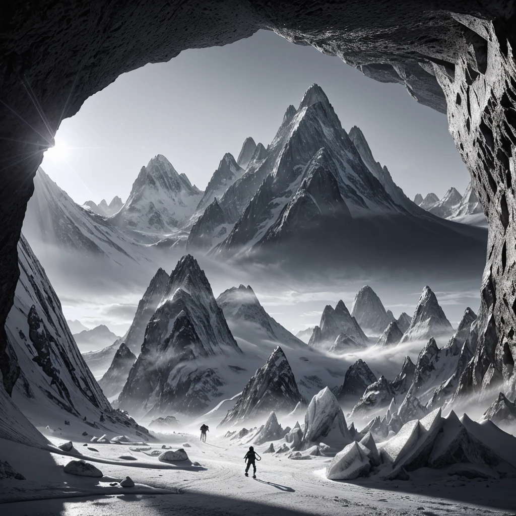hyperrealistic drawing, with lines measuring distance between lines and curves of the object in question.A cave of giant crystals that emit a soft, magical light, right side with Skates, base da imagem com Monochrome Mountains: Mountain silhouettes in different shades of gray., unicorn frame. 