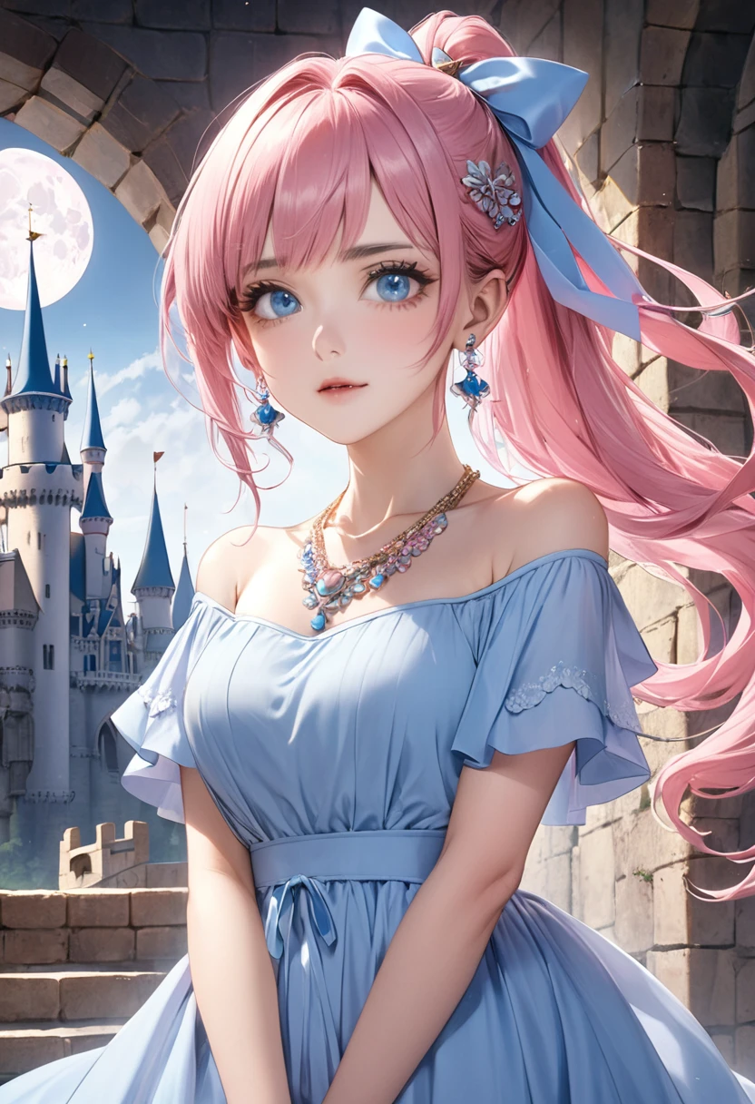 1 female　Pink hair ponytail　Thin pink eyebrows　Dull light blue eyes　society　Pastel blue long dress　Inside the castle　full moon 　Ribbon hair ornament　Earrings and matching necklace