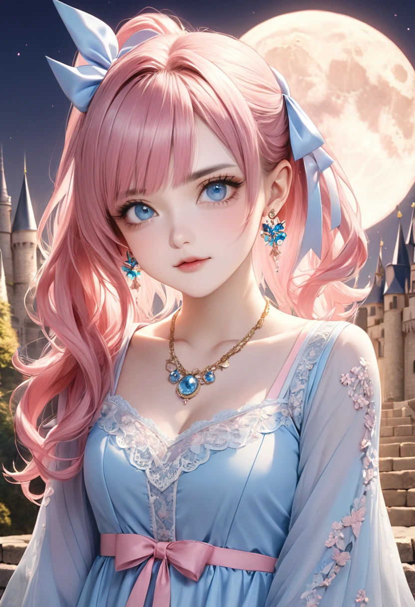 1 female Pink hair ponytail Thin pink eyebrows Dull light blue eyes society Pastel blue long dress Inside the castle full moon Ribbon hair ornament Earrings and matching necklace