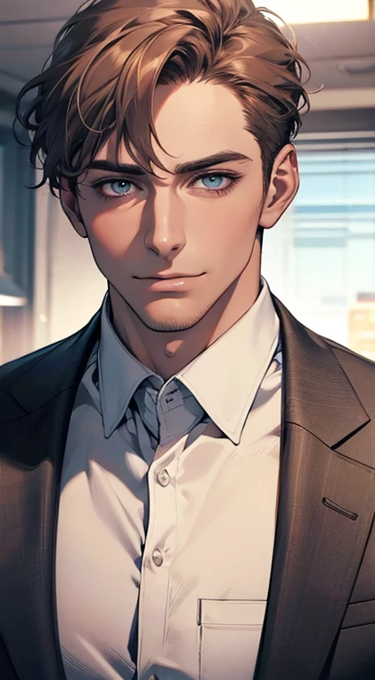 (best quality,4k,8k,highres,masterpiece:1.2),ultra-detailed,(realistic,photorealistic,photo-realistic:1.37),1 man,31 years old,mature man,very handsome,without expression,smile,short grey brown hair,blue eyes,penetrating gaze,perfect face without errors,imposing posture,businessman,office background,cinematic lighting,hdr image
