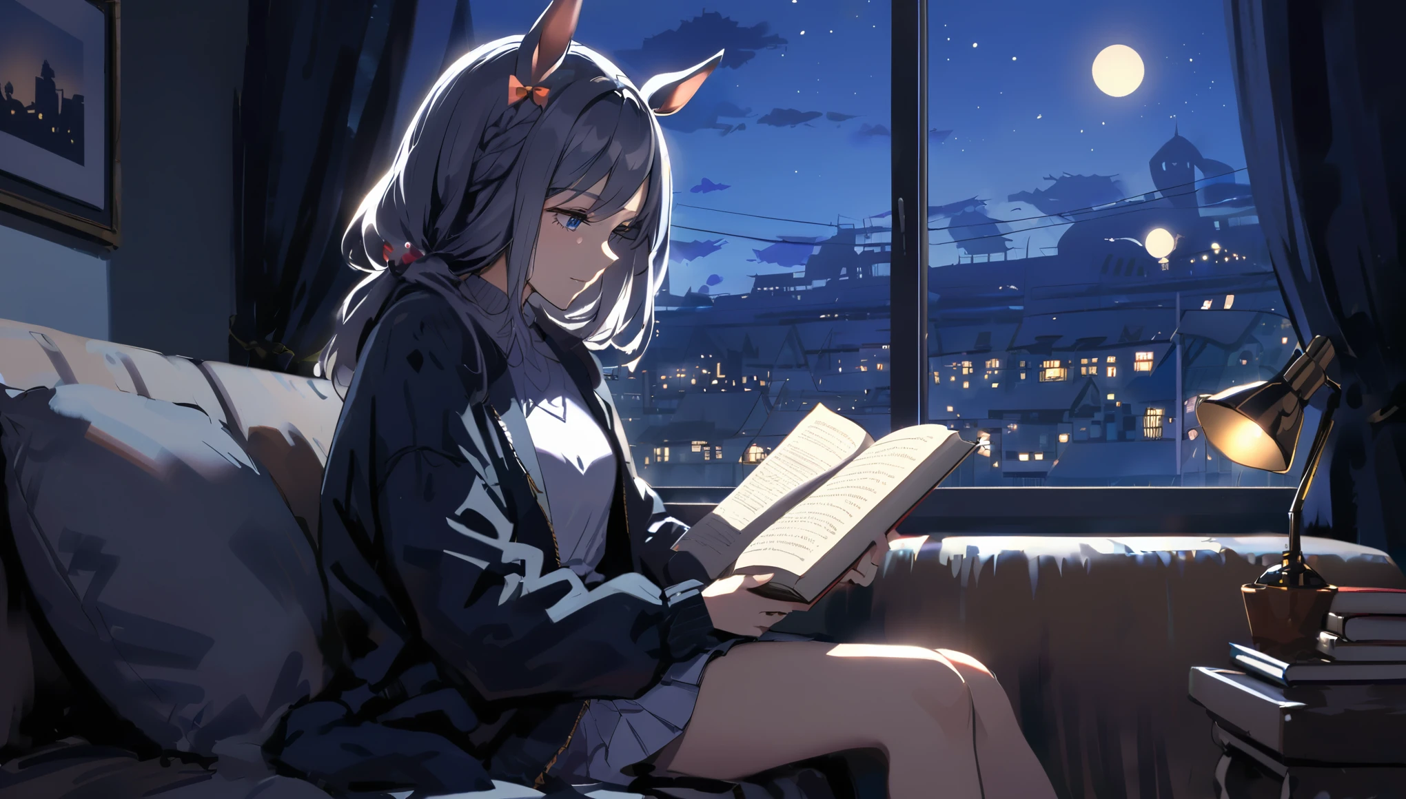 A girl wearing horse ears sitting on a sofa and reading a book,In front of a large window,Night view,Streetscape、８K