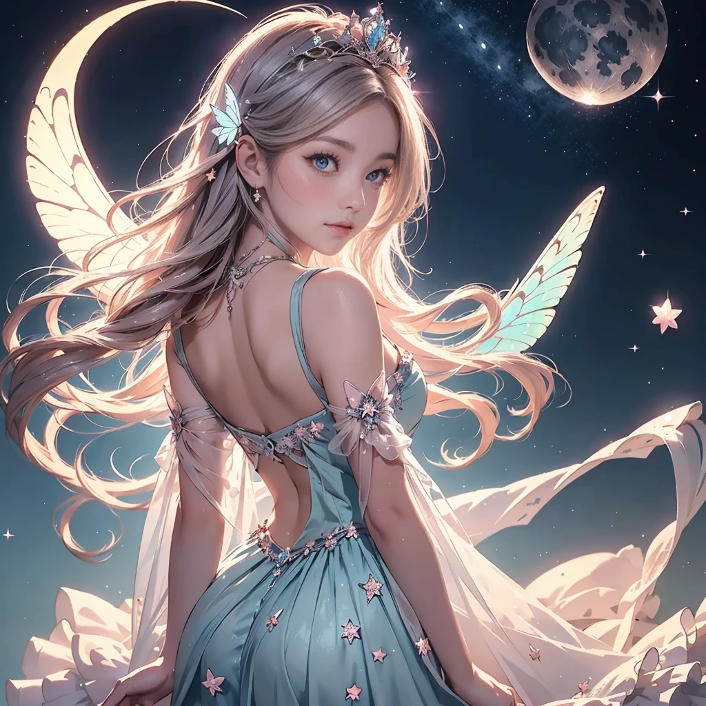 (Exquisite, beautiful, Very detailed, masterpiece, high resolution,high quality,High resolution),(Well-formed face,Soft and thin lines,Moonlit Night,Beautiful and delicate pastel color illustrations that are mature and transparent, Pixiv-inspired anime illustration,Cute pastel-colored girl-style illustrations that are going viral among Japanese people on Twitter), On a night lit by the beautiful Big Moon, a fairy princess with a clear, delicate, beautiful well-formed face and butterfly-like wings is standing sideways happily under the dark moonlit sky., A beautiful moon and stars are shining in the vivid starry night,From a little distance,Tiara, star earrings, star necklace and bracelet), ((A gorgeous ball gown dress with lots of frills and a moon motif., Balloon sleeves, Jewels, ribbons, lace and frills, Butterfly-like fairy wings growing from her back)), (Adorable,A shy smile,Pale pink blush, Plump pink lips,Beautiful and clear eyes,Large Bust, Fair skin, Good style),Starry sky texture,Vibrant pastel colors,Dreamy and cute fantasy world,Whole body,Colored pencil art,Big Moon