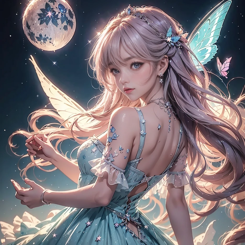 (Exquisite, beautiful, Very detailed, masterpiece, high resolution,high quality,High resolution),(Well-formed face,Soft and thin lines,Moonlit Night,Beautiful and delicate pastel color illustrations that are mature and transparent, Pixiv-inspired anime illustration,Cute pastel-colored girl-style illustrations that are going viral among Japanese people on Twitter), On a night lit by the beautiful Big Moon, a fairy princess with a clear, delicate, beautiful well-formed face and butterfly-like wings is standing sideways happily under the dark moonlit sky., A beautiful moon and stars are shining in the vivid starry night,From a little distance,Tiara, star earrings, star necklace and bracelet), ((A gorgeous ball gown dress with lots of frills and a moon motif., Balloon sleeves, Jewels, ribbons, lace and frills, Butterfly-like fairy wings growing from her back)), (Adorable,A shy smile,Pale pink blush, Plump pink lips,Beautiful and clear eyes,Large Bust, Fair skin, Good style),Starry sky texture,Vibrant pastel colors,Dreamy and cute fantasy world,Whole body,Colored pencil art,Big Moon