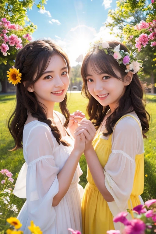 Two Girls、Fun atmosphere, Beautiful and beautiful eyes, Cute Hairstyles, Bright costumes, Strike a pose playfully, wood々Sunlight coming in through gaps, Soft Shadows, Bright colors, Lively expressions, Zola々energy, Laughter and giggles, Delicate flowers,、Friendship and Bonds, Capture the happy moment, Moderate: Highest quality digital illustrations, High resolution), Very detailed, Realistic, Vibrant color palette, Natural light、Bright colorsのルームウェア