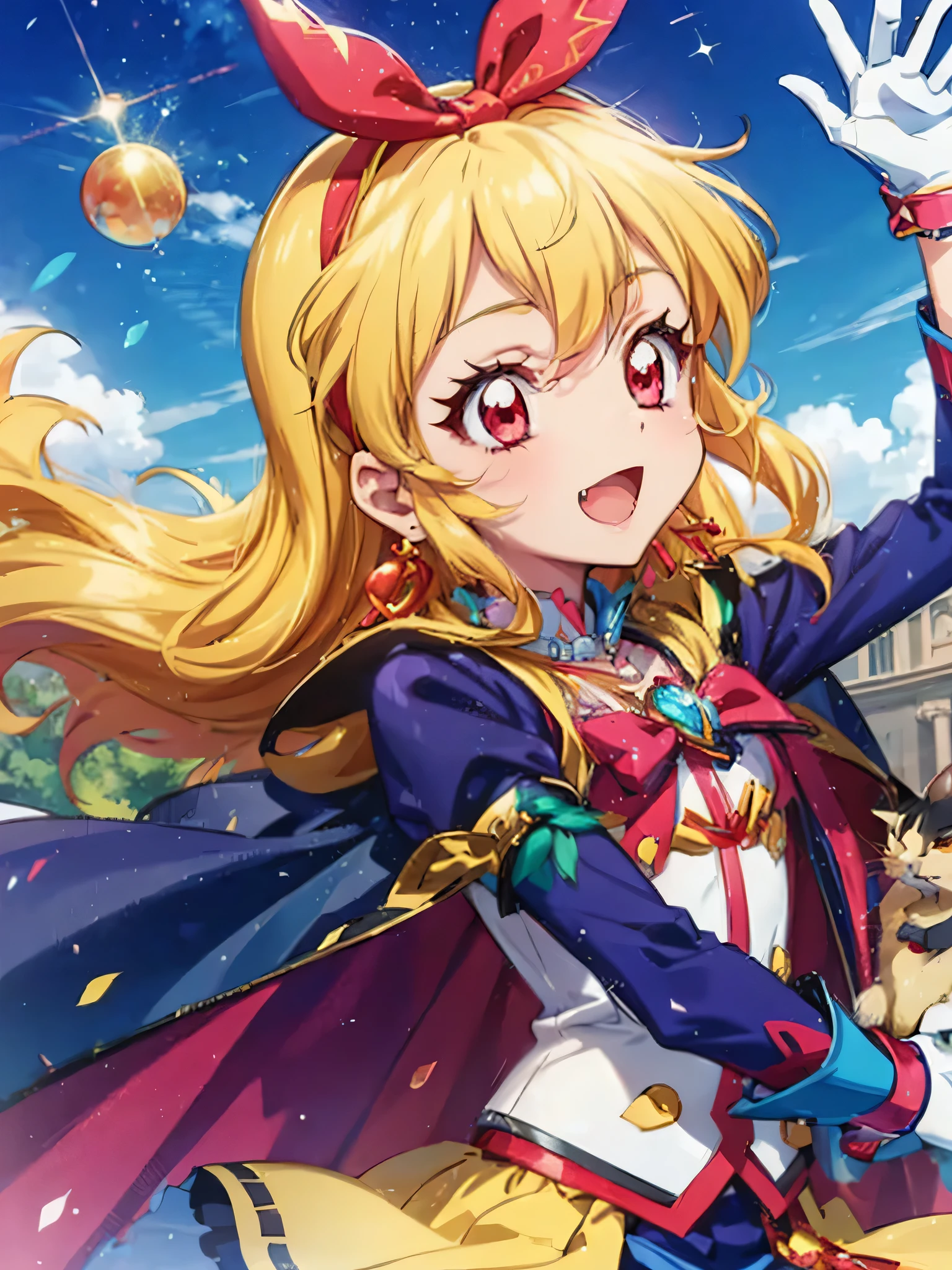 cartoon of anime female with a cat on her back with sword, lina inverse Style, 1girl, solo, gloves, fang, red eyes, headband, jewelry, cape, open mouth, Blonde hair, earrings, long hair,Ichigo Hoshimiya (Aikatsu!)