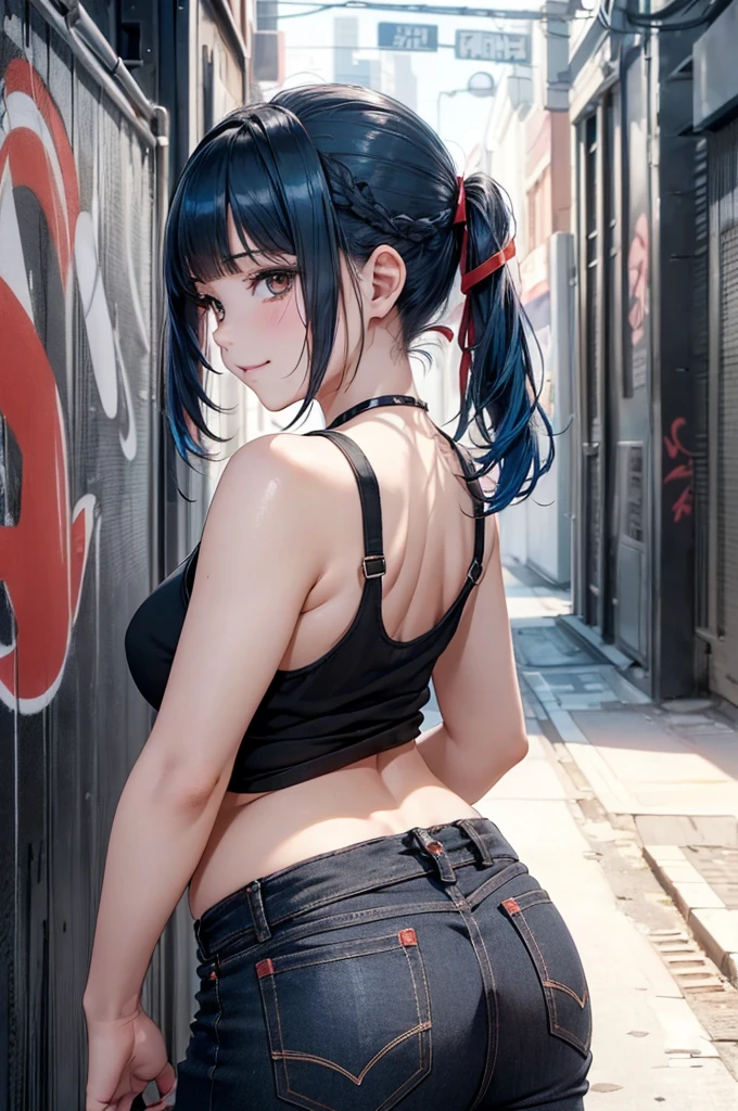 Absurd, Super detailedな,(In 8K:1.3),Masseter muscle area,(masterpiece:1.2)、(Highest quality)、4K、Super detailed、(Movement Structure:1.4)、(Shining Lights、Atmosphere lighting), High resolution, Best Quality、(One girl:1.4),Super detailedな,Bright colors、Treebreak Production Art、(Warm color light source:1.2),High-level image quality、Fine image quality、Intricate details,Volumetric Lighting,Realism BREAK、Profile、 Idol face、(16 years old:1.4)、Very beautiful face and eyes, Beautiful images、natural make up、 (shoot from below:1.4)、 (from behind:1.2)、 ( big eyes:1.2),(mascara:1.4), (Big Tits:1.4)、(curvy body:1.3)、(glossy skin :1.5)、(Baby Face:1.5)、(nice butt:1.2)、 (Swayback stance:1.2)、 (graffiti:1.4)、 (light blue hair,short hair、blunt bangs、twintails、Red ribbon:1.2)、 (black、Tank top:1.3),(detailed clothes features、Low rise jeans)、 (smirk:1.2),(is:1.3)、(leaning forward:1.1)