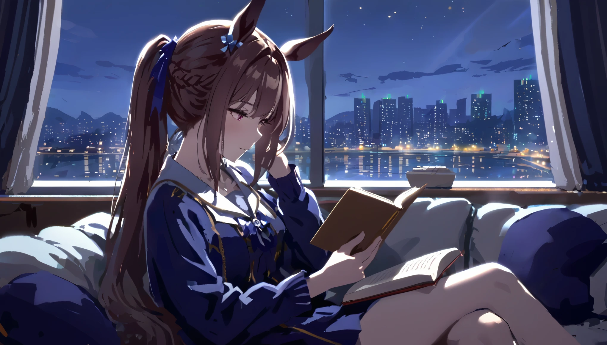 A girl wearing horse ears sitting on a sofa and reading a book,In front of a large window,Night view,Streetscape、８K