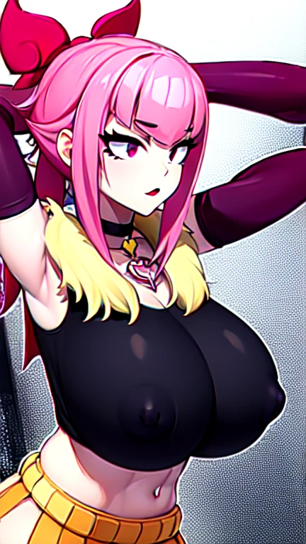 1girl, solo, Melodie, melodiebs, idol, arms scratch back of head, gigantic breasts, covered nipples, pink hair, big bow, elbow gloves, black crop top, yellow skirt, thighhighs, fur stole, choker, {surreal quality,detailed,best_quality:1.3,Sharp,4k,8k}
