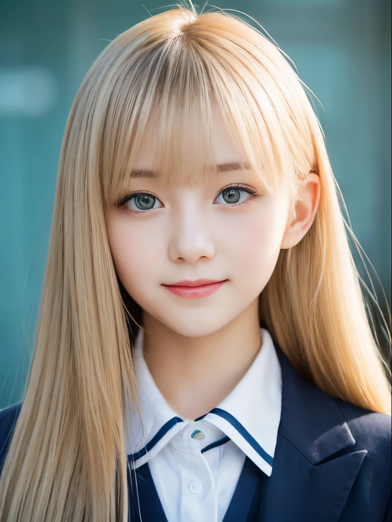 Portrait、School uniforms、Bright expression、Younger, brighter, whiter skin、Best Looks、Blonde reflection、Platinum blonde hair with dazzling highlights、Shiny bright hair,、Super long, silky straight hair、Shiny beautiful bangs、Sparkling, clear, attractive big blue eyes、A very beautiful, lovely and cute 16 year old girl、Ample breasts、