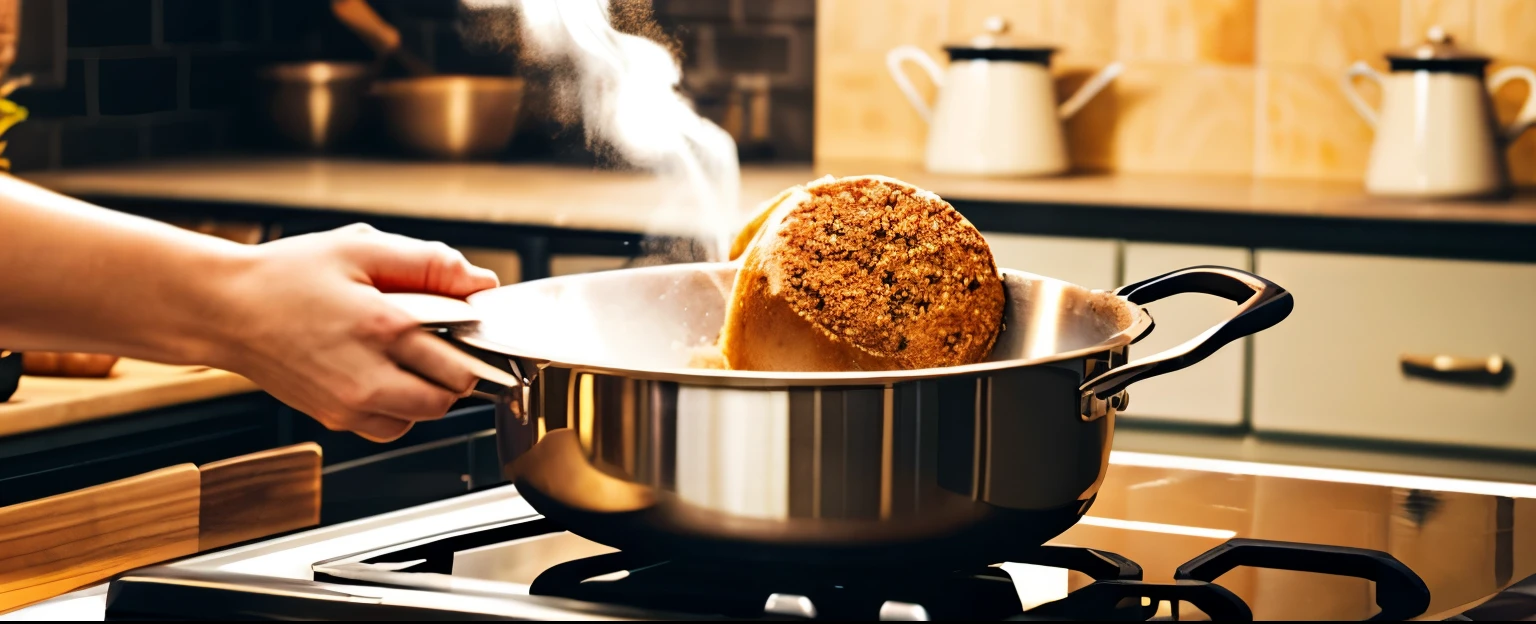 facebook cover , a hand cooking, a warm and aesthetic kitchen