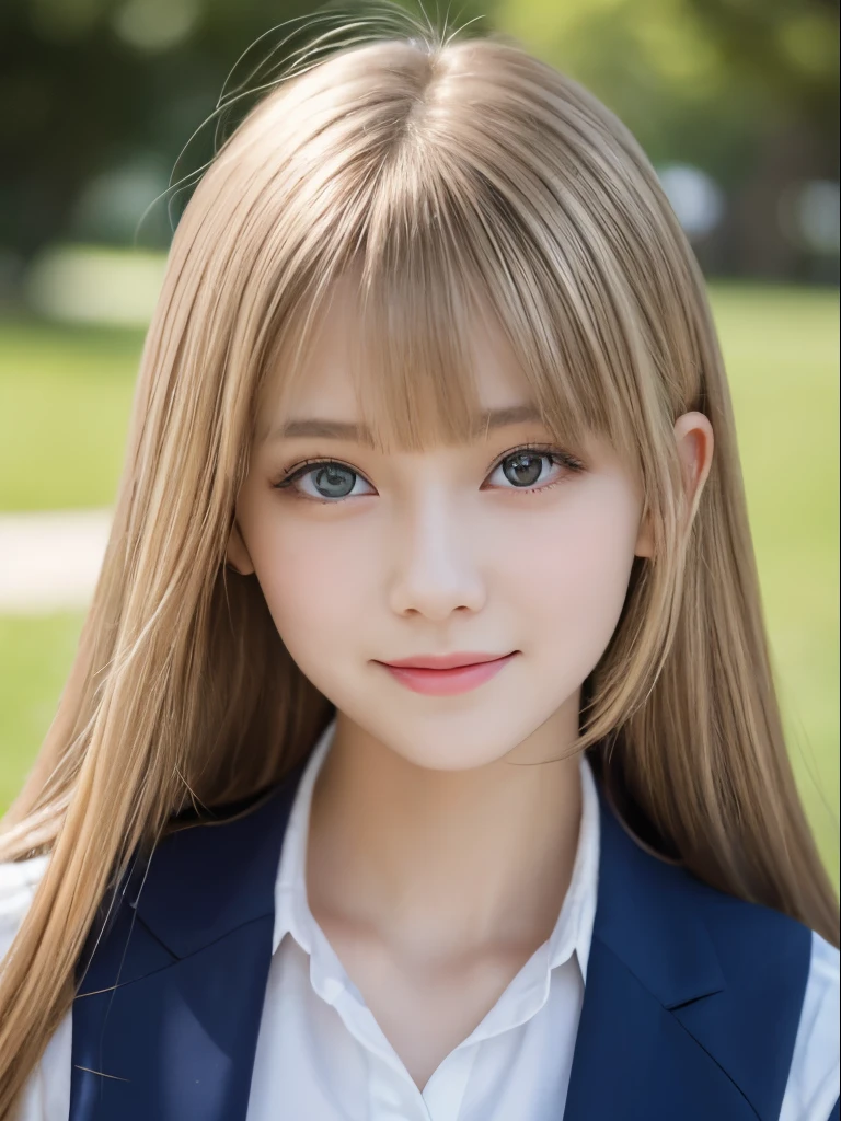 Portrait、School uniforms、Bright expression、Younger, brighter, whiter skin、Best Looks、Blonde reflection、Platinum blonde hair with dazzling highlights、Shiny bright hair,、Super long, silky straight hair、Shiny beautiful bangs、Sparkling, clear, attractive big blue eyes、A very beautiful, lovely and cute 16 year old girl、Ample breasts、