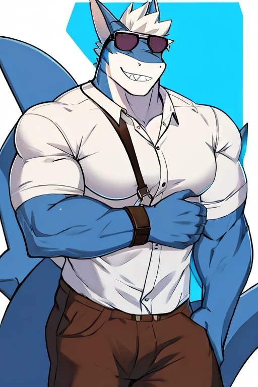 muscular shark, Sunglasses, white shirt with straps 