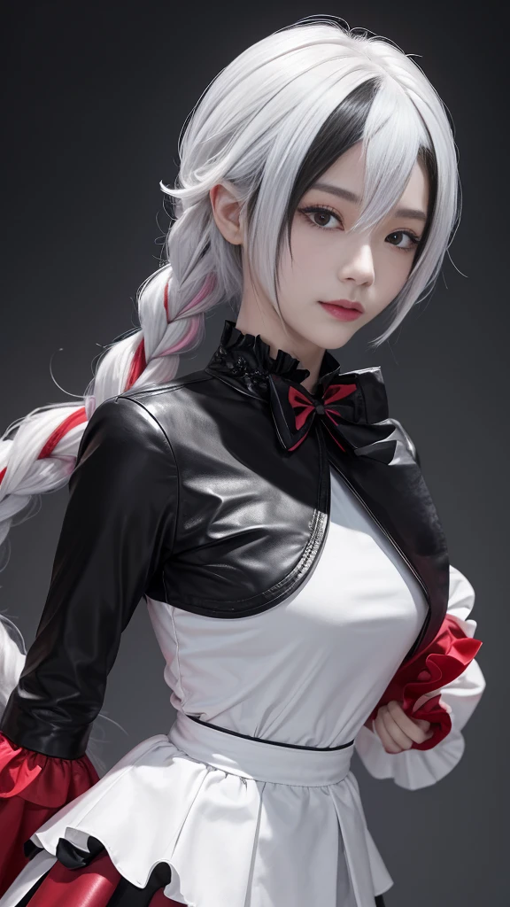 masterpiece、Top quality、8K、(Reality:1.4)、Extremely detailed、high resolution、Fine details、Solitary、Upper Body、(Genuine Leather:1.2)、beautiful girl、、Perfect body、Large Breasts、cleveage、Extremely detailed的眼睛和脸部、White hair,Black Hair,Colorful hair,short hair,Straight Hair,White hair long braid,Glittering red eyes,Red X pupil(Key Points),High-quality realistic finger reproduction:1.3、Smile:1.3、(Pink Long Sleeve Ruffle Top、A black ribbon)、(black ruffles)skirt)