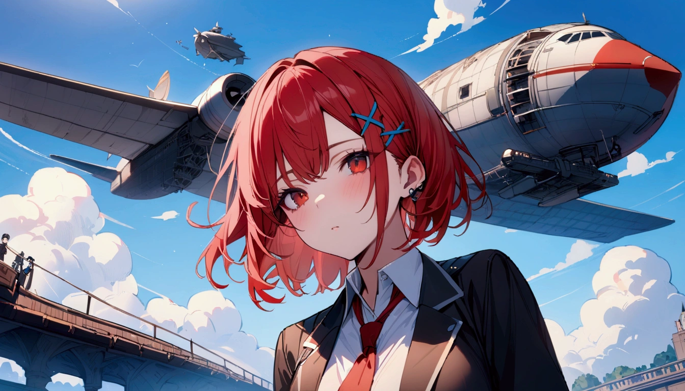 short hair, (Red hair:1.2), x Hair ornament, Red eyes,girl,One person, Collared shirt, Highest quality, masterpiece, High resolution,blue sky、White cloud、airship、plane、