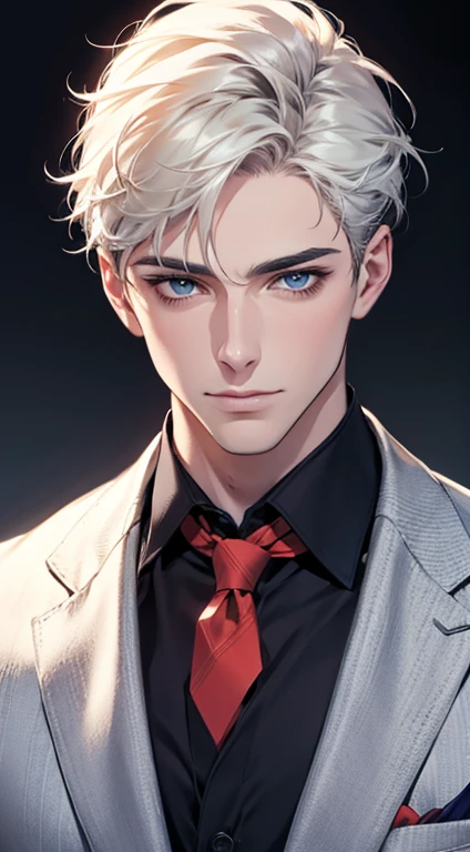 (Highest quality,4K,8K,High resolution,masterpiece:1.2),Super detailed,(Realistic,photoRealistic,photo-Realistic:1.37),1 person,31 years old,Mature Men,Beautiful skin、very handsome,Expressionless,smile,Short white hair,blue eyes,Sharp Eyes,A perfect face without a doubt,Businessman,Office Background,Cinema Lighting,HDR image,tie、