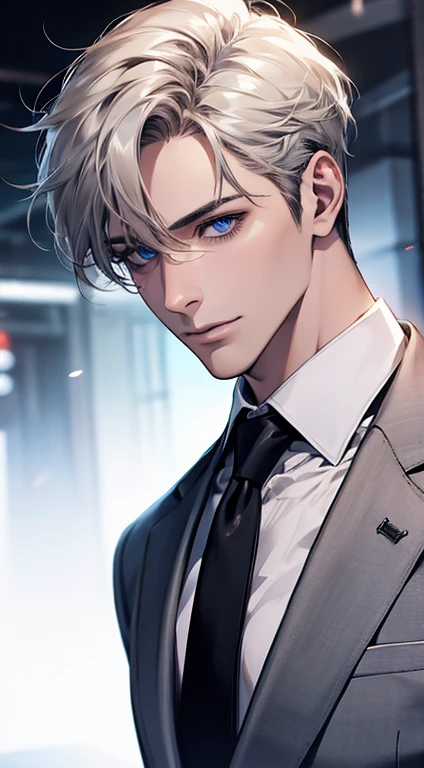 (Highest quality,4K,8K,High resolution,masterpiece:1.2),Super detailed,(Realistic,photoRealistic,photo-Realistic:1.37),1 person,31 years old,Mature Men,Beautiful skin、very handsome,Expressionless,smile,Short white hair,blue eyes,Sharp Eyes,A perfect face without a doubt,Businessman,Office Background,Cinema Lighting,HDR image,tie、
