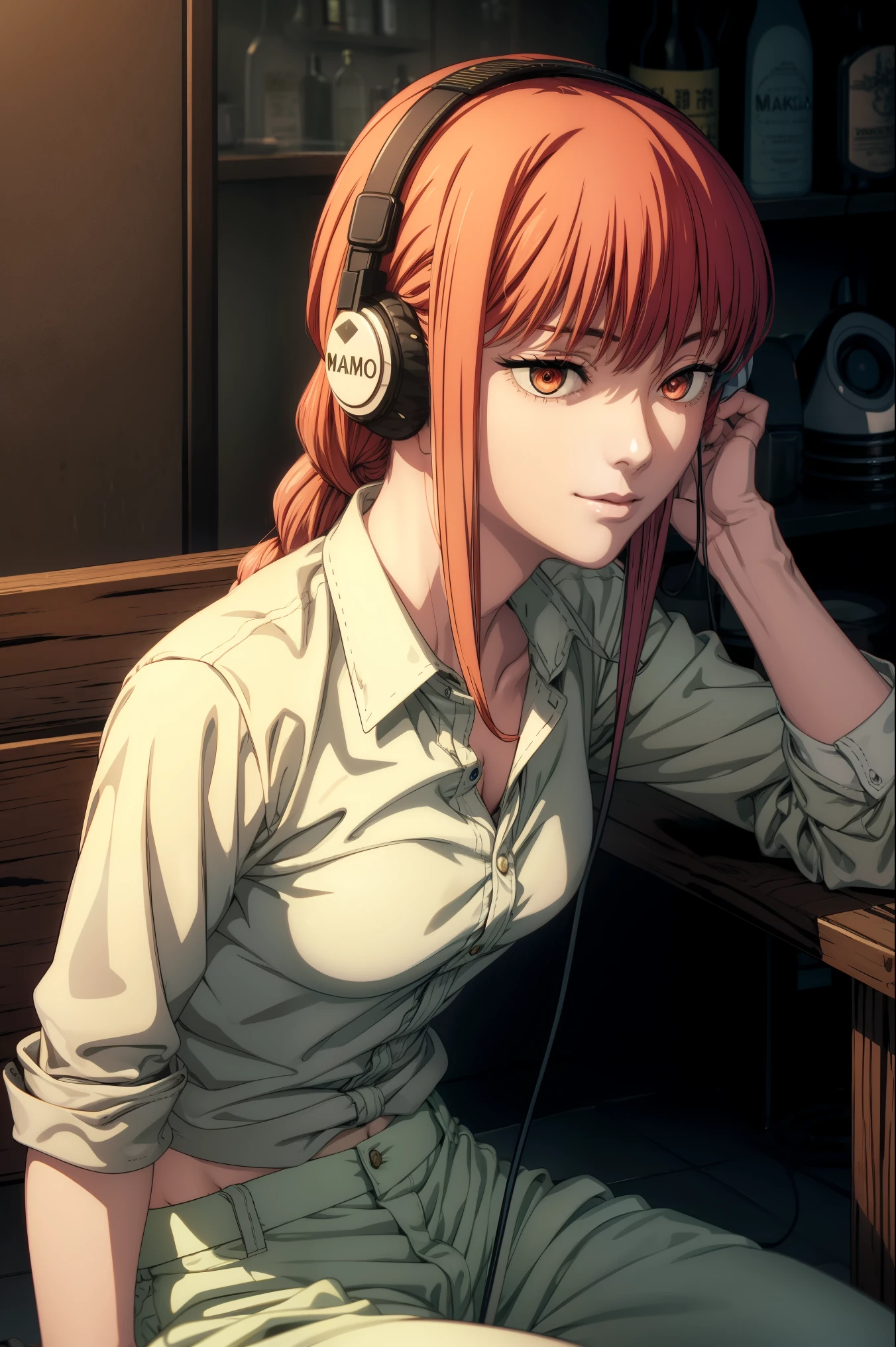 (masterpiece), best quality, expressive eyes, perfect face, makima/(chainsaw man)/, crop open shirt,v neck,bar club,white short pant, High detailed, High quality, illustration, detailed skin texture, glowing skin, headphone on head, fit body, medium breast, medium thighs, makima, ringed eyes, long hair, braided ponytail,listening music,enjoying,seductive smile,nsfw