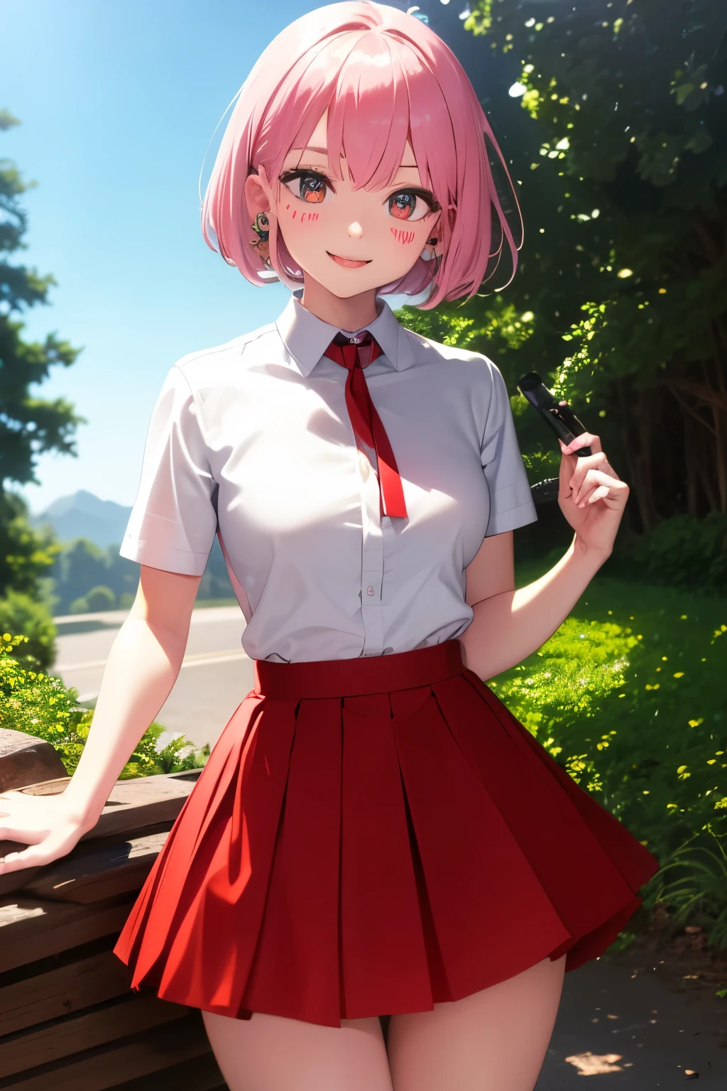 work of art, best qualityer, high resolution, clavicle, collar shirt, white shirt, rolled up sleeves, pleatedskirt, red skirt, mini-skirt, standing, cowboy shot, ssmile, plein-air,
peito grande ryomen sukuna, facial tattoo, extra eyes, evil ssmile