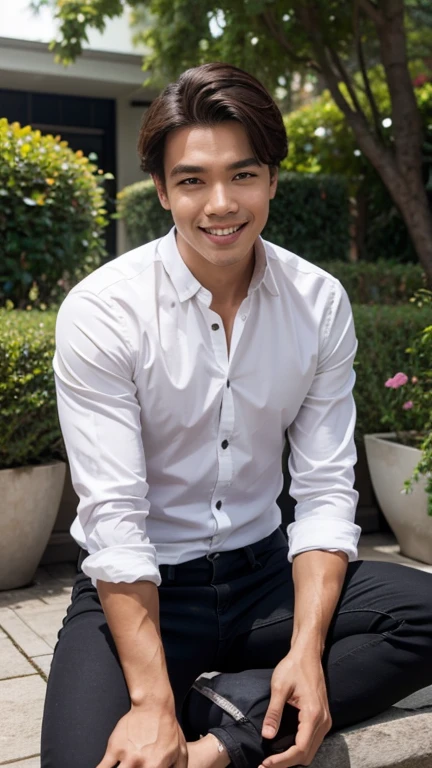solo , 1man , thai man Sitting , white shirt , black jeans , happy , sit