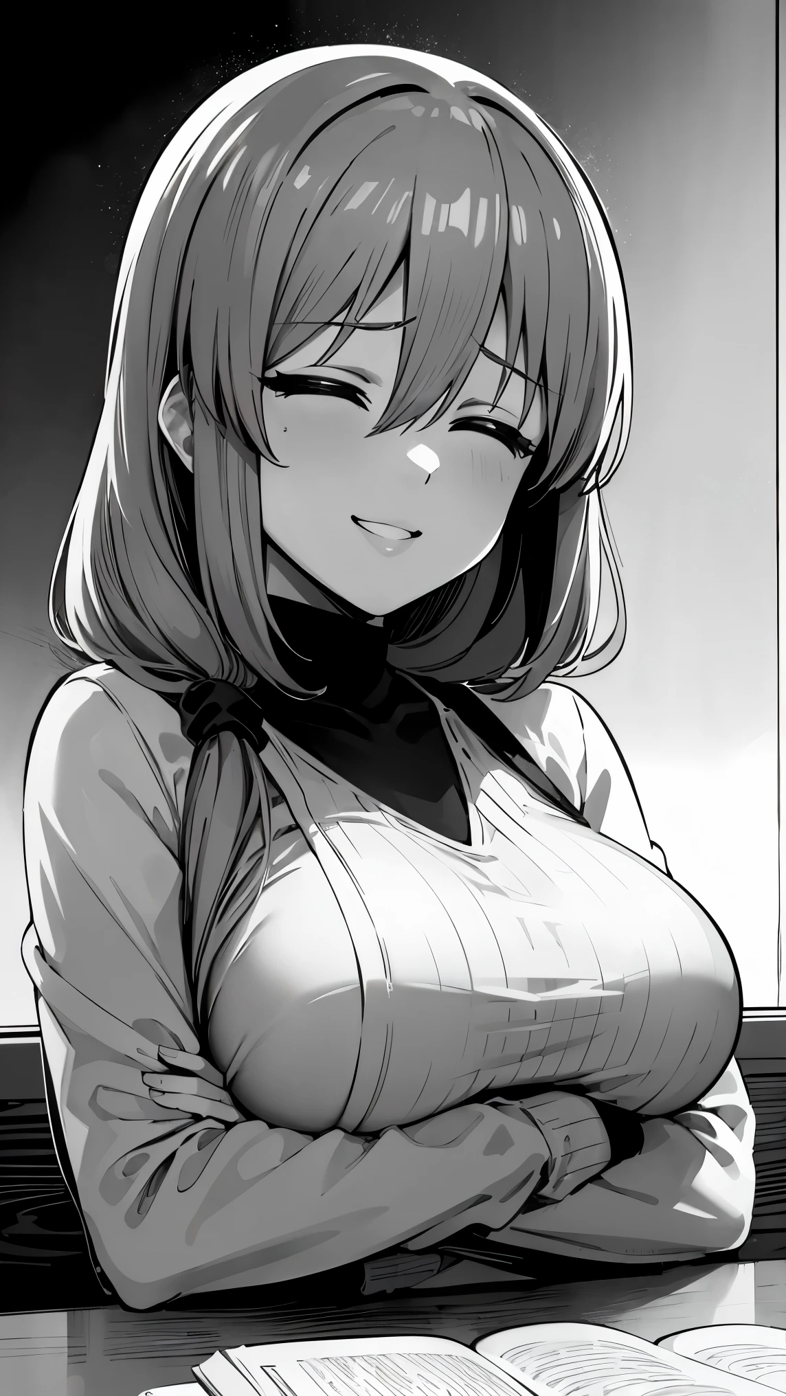 anime girl sitting at a table with her hands folded over her shoulder, cool shading, detailed manga style, black and white manga panel, simple shading, female protagonist 👀 :8, holding a sword on her shoulder, anime shading), roguish smirk, black and white manga style, black and white manga page, striking manga artstyle, teasing smile, 1girl, uzakitsuki, grey hair, hair between eyes, hair over shoulder, closed eyes, mature female, large breasts, 