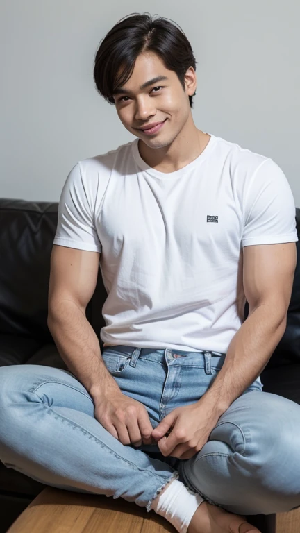 solo , 1man , thai man Sitting , white shirt , black jeans , happy , sit
