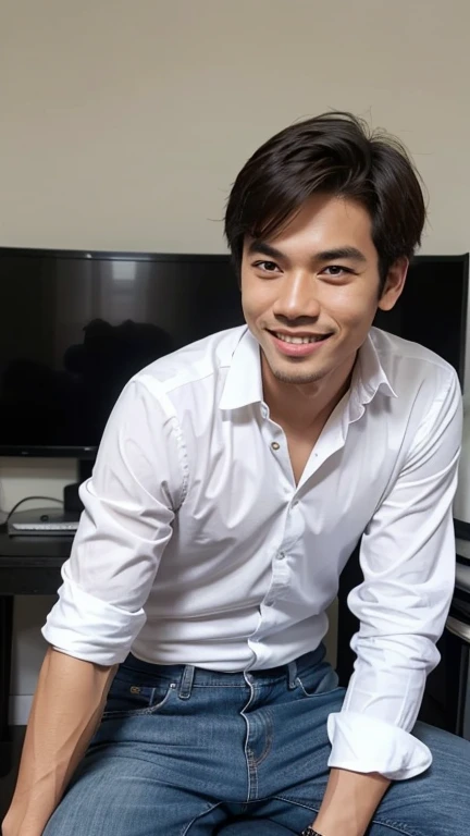 solo , 1man , thai man Sitting , white shirt , black jeans , happy , sit