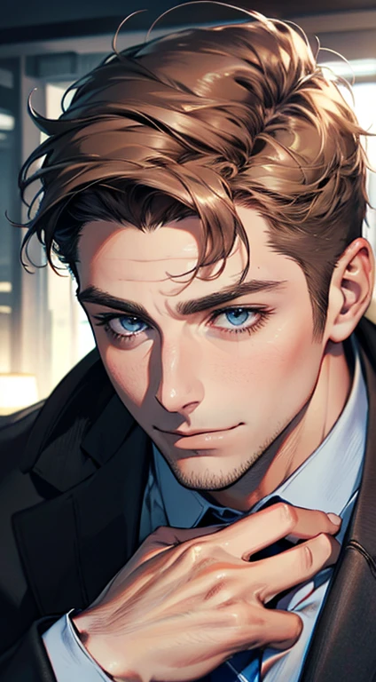 (best quality,4k,8k,highres,masterpiece:1.2),ultra-detailed,(realistic,photorealistic,photo-realistic:1.37),1 man,31 years old,mature man,very handsome,without expression,smile,short grey brown hair,blue eyes,penetrating gaze,perfect face without errors,imposing posture,businessman,office background,cinematic lighting,hdr image