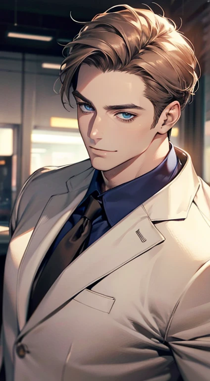 (best quality,4k,8k,highres,masterpiece:1.2),ultra-detailed,(realistic,photorealistic,photo-realistic:1.37),1 man,31 years old,mature man,very handsome,without expression,smile,short grey brown hair,blue eyes,penetrating gaze,perfect face without errors,imposing posture,businessman,office background,cinematic lighting,hdr image