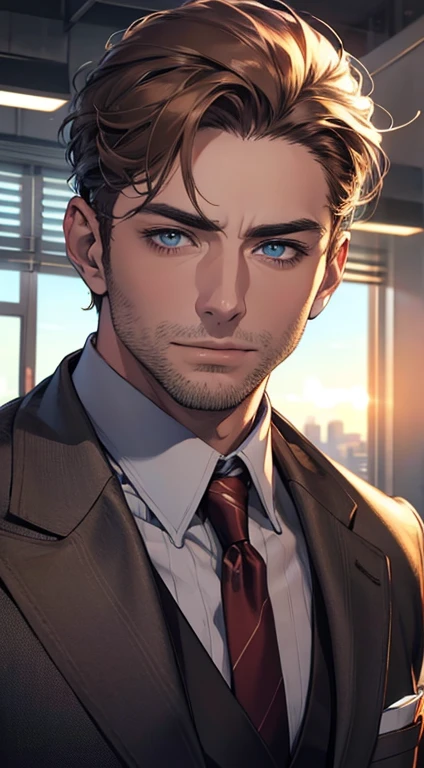 (best quality,4k,8k,highres,masterpiece:1.2),ultra-detailed,(realistic,photorealistic,photo-realistic:1.37),1 man,31 years old,mature man,very handsome,without expression,smile,short grey brown hair,blue eyes,penetrating gaze,perfect face without errors,imposing posture,businessman,office background,cinematic lighting,hdr image