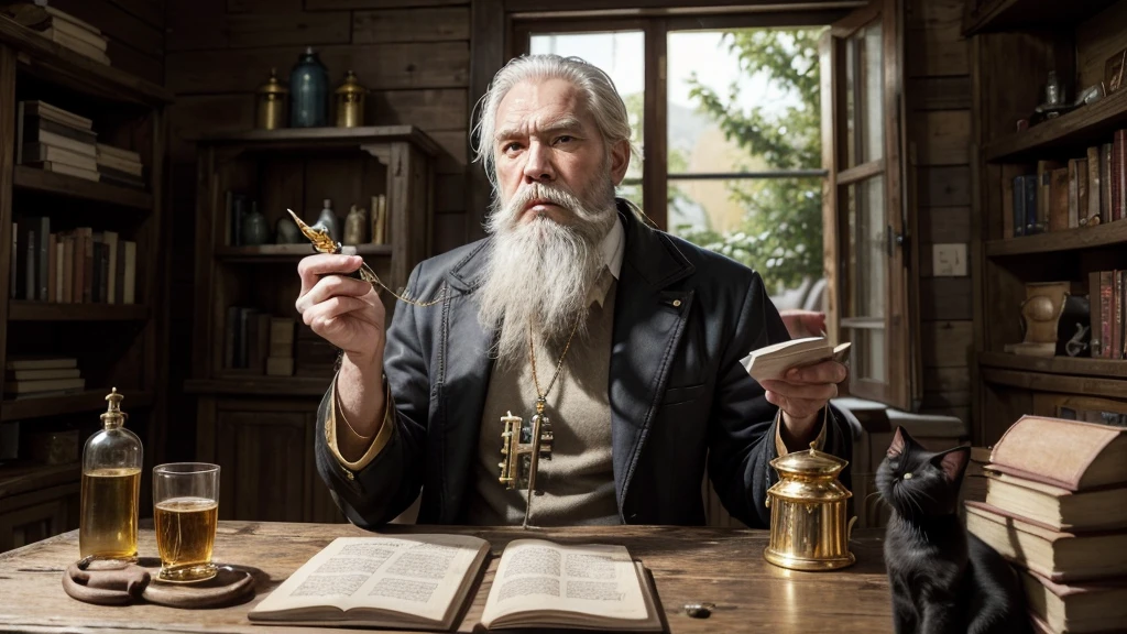 ((1a man, older, magician)), with white beard, com capa lilás e chepéu de magician lilás, with one ((golden key in hands)), front view, rustic environment, cozily, with books and potions, with a black cat on the table